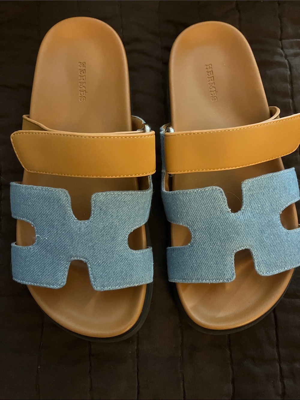 Women's Tan Leather & Light Blue Denim Slide Sandals